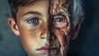 Dramatic Close-Up Portrait of a Young and Elderly Face Combined - Conceptual portrait of a teenage boy merged with an octogenarian, showcasing the passage of time and human aging Gen AI