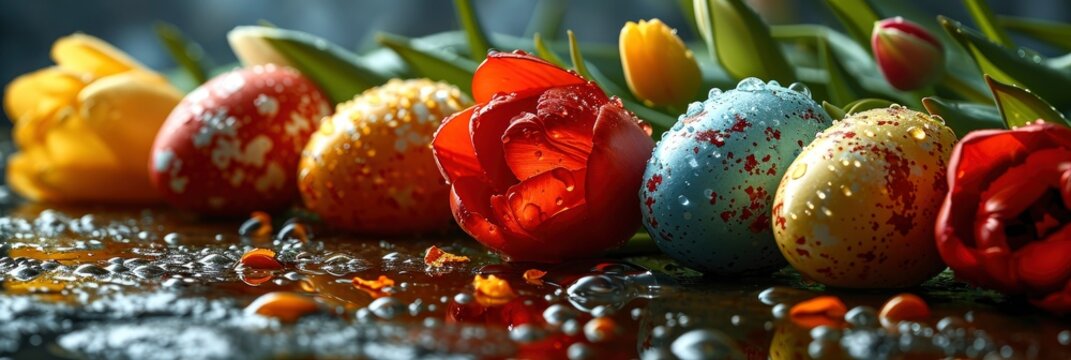Easter Colorful Eggs Tulip Flowers Holiday, Banner Image For Website, Background, Desktop Wallpaper