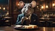  a rat in a suit and tie eating a piece of cheese with cheese slices on a plate in front of him on a table in a dark room with lights.