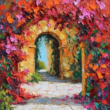 Abstract impasto impressionist palette knife painting of endless bougainvillea archway