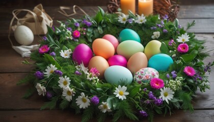   a bunch of eggs sitting in a wreath of flowers and daisies next to a candle and a bag of eggs with candlesticks on the side of the table.