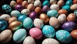  a bunch of different colored eggs sitting on top of a bed of brown and blue eggs with white designs on them and gold dots on the top of the eggs.