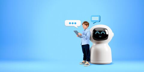 Poster - Kid with tablet, standing near robot on copy space blue background