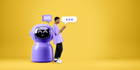 Poster - African man with phone, standing near robot on copy space empty background