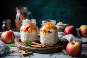 Vanilla semolina porridge with caramelised apples, served in 2 wide jars for children on wood desk, and full apples near