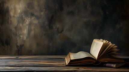 Old book on wooden table and dark grunge background, copy space