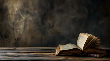 Sticker - Old book on wooden table and dark grunge background, copy space