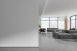 Stylish business lobby interior relax space with panoramic window, mock up frame