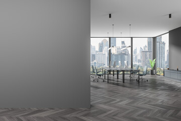 Poster - Grey coworking interior with pc computers, drawer and window. Mockup wall