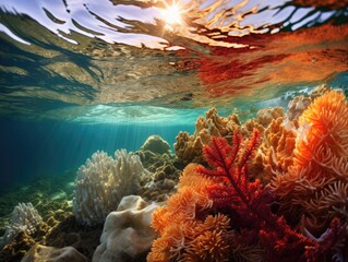 Canvas Print - Underwater view of coral reef and sun. Generative AI.