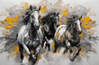modern painting of golden herd of horses . The texture of the oriental style of gray and gold canvas with an abstract pattern. artist collection of animal painting for decoration 