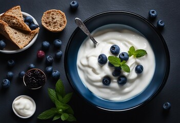 Wall Mural - Greek yogurt in blue bowl on black table top view