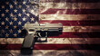 Vintage firearm resting on a distressed American flag, evoking a sense of history and controversy in the United States.