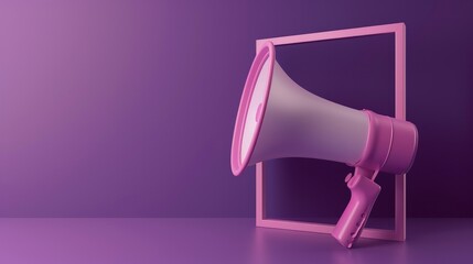 3D Social media frame post with Megaphone and Hashtag. Social network marketing and promotion. Online hype news concept. Cartoon creative design icon isolated on purple background. 3D Rendering