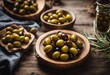 Pickled olives served in bowls from olive wood on rustic kitchen table top view