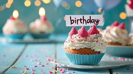 A birthday cake with candle on a blue wooden table against a bokeh background with text HAPPY BIRTHDAY