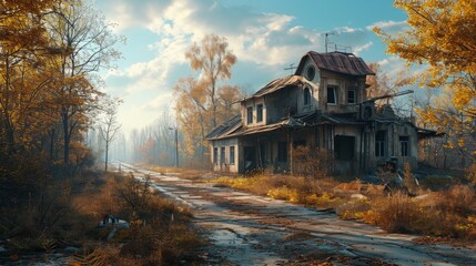 Poster - Generative AI Chernobyl exclusion zone, abandoned buildings, rusted equipment, desolate landscapes, detailed and haunting photorealistic scene