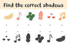 Find The Correct Shadow For The Elements Of Butterflies, Notes, Hearts, Feathers. An Educational Game For Children. Vector Illustration