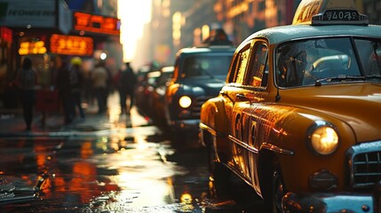 Poster - Generative AI Close-up of a busy taxi stand, taxis, passengers, urban backdrop, detailed surroundings, realistic lighting, photorealistic depiction