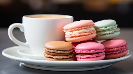 Poster - Generative AI Close-up of macaron assortment and coffee cup