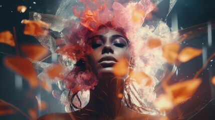 Poster - Generative AI Digitally altered photographs creating an abstract collage-style background. woman portrait