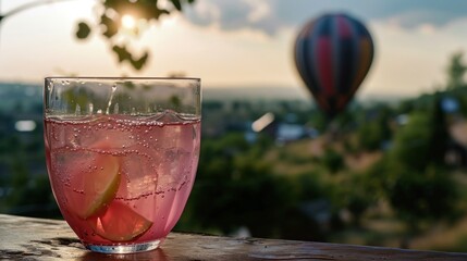  a glass of pink liquid with a slice of lemon and a hot air balloon in the sky in the background.