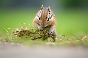 Wall Mural - chipmunk dragging grass to line its nest