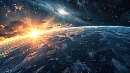 Wall Mural - 3d render of sunrise over planet earth, featuring the sun, stars, and galaxy in a breathtaking cosmi