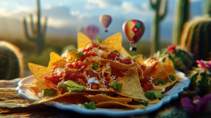 Poster -  a plate of nachos on a table in front of a cactus with hot air balloons in the background.