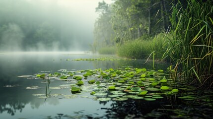 Poster -  a body of water with lily pads floating on top of it in the middle of a forest filled with tall grass.