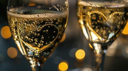 Wall Mural -  a close up of two glasses of champagne with bubbles in the shape of a heart and bubbles in the shape of a heart.