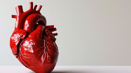 Poster -  a red heart sitting on top of a table next to a white wall with a shadow on the floor and a white wall behind it.