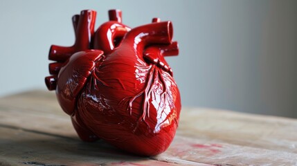 Sticker -  a red heart statue sitting on top of a wooden table next to a white wall and a wooden table with a white wall in the background.