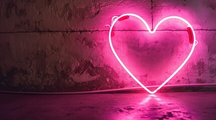 Canvas Print -  a pink heart shaped neon sign sitting on top of a cement wall next to a neon pink light on a brick wall.