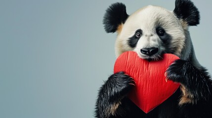 Wall Mural -  a panda bear holding a red heart in it's paws and looking at the camera with a serious look on his face.