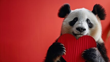 Canvas Print -  a panda bear holding a red heart against a red background with a black and white stripe on it's chest.