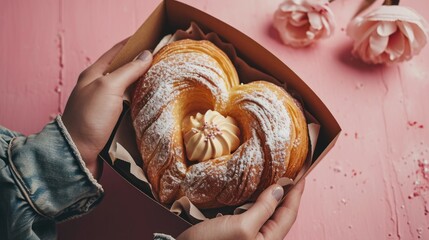 Wall Mural -  a person holding a box of doughnuts with powdered sugar and a cinnamon bundt in the shape of a heart.