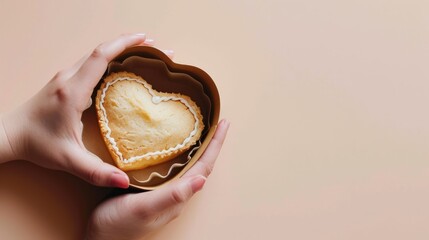 Wall Mural -  a person holding a heart shaped cookie in a heart - shaped cookie tin on a pink background with a hand holding a heart shaped cookie.