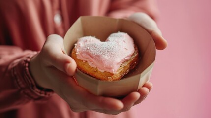 Poster -  a person holding a heart shaped doughnut with frosting on top of it in a brown paper container on a pink background.