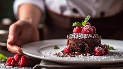 Sticker -  a chocolate cake with raspberries and powdered sugar on a white plate with a person in the background.