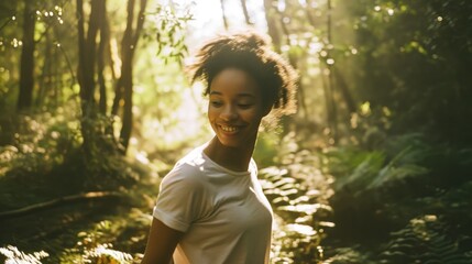 Poster -  a woman standing in the middle of a forest with sun shining on her face and her hair blowing in the wind.