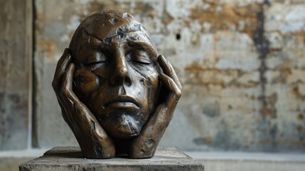 Sticker -  a bronze sculpture of a woman's face with her hands on her head, resting her head on her hands.