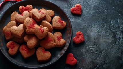 Wall Mural -  a plate filled with heart shaped cookies on top of a black table with red sprinkles on it.