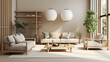 © SmartArt - Modern interior japandi style design living room in natural tones. Scandinavian-inspired furniture, elegant accessories, minimal decor. Simplicity and natural beauty