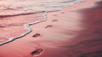 Wall Mural -  a beach with footprints in the sand and a wave coming towards the shore and a person walking on the beach.