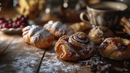 Canvas Print -  a table topped with croissants covered in powdered sugar next to a bowl of fruit and a cup of coffee.