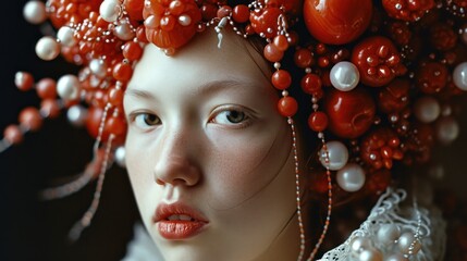 Poster -  a close up of a woman with a bunch of beads on her head and a bunch of tomatoes on her head.