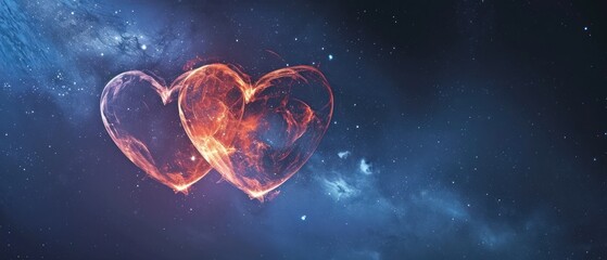 Poster -  two heart shaped objects in the middle of a space filled with stars and a blue sky with stars in the background.