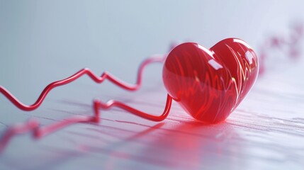 Canvas Print -  a red heart sitting on top of a white table next to a red line going up the side of it.