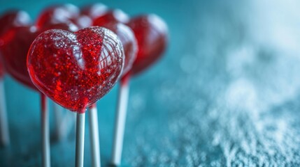 Sticker -  a group of heart shaped lollipops sitting on top of each other on top of a blue surface.